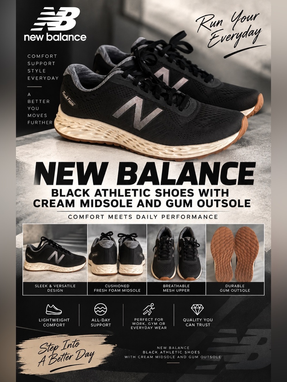 New Balance Black Athletic Shoes with Cream Midsole and Gum Outsole